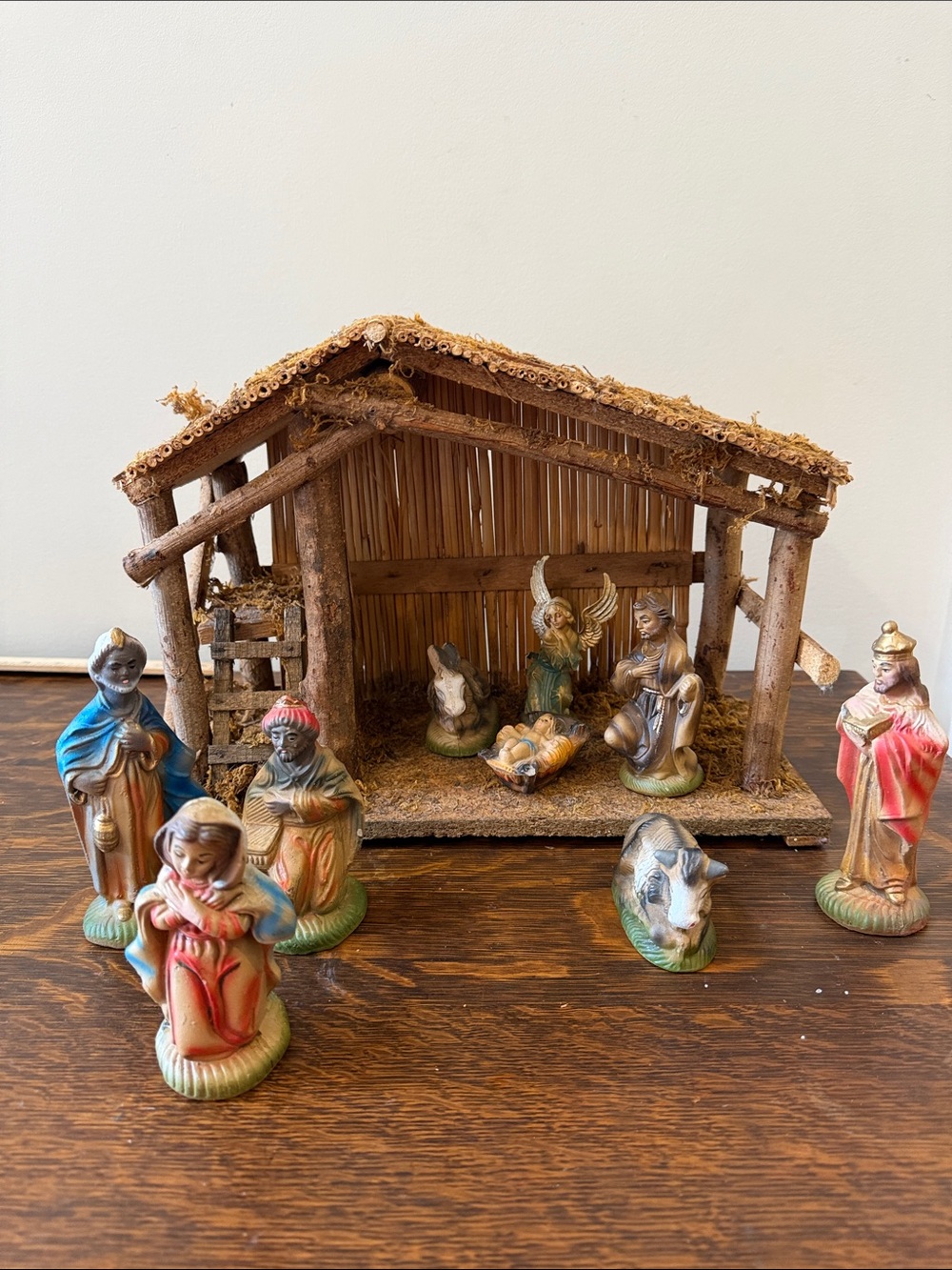 Traditional Brown Rustic Nativity Set with Multicolor Figures
